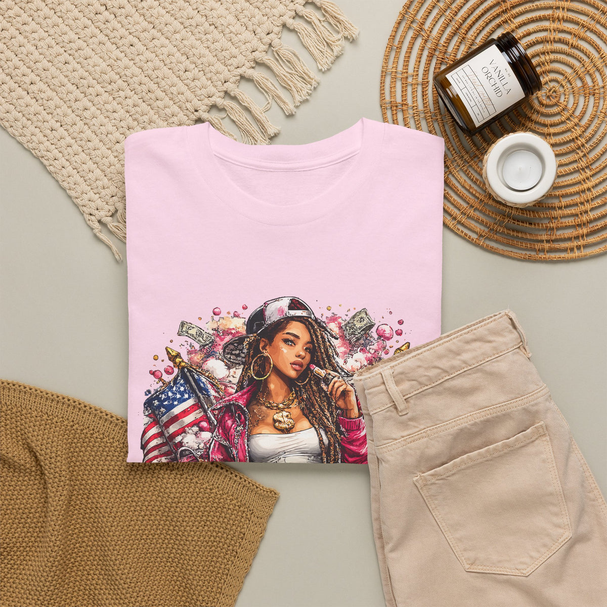 Streetwear Queen T-Shirt – Chicana Tattoo & American Flag Graphic Tee