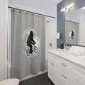 Funny Bigfoot Shower Curtain | Sasquatch Riding Bike Moon | Modern Minimal Bathroom Decor