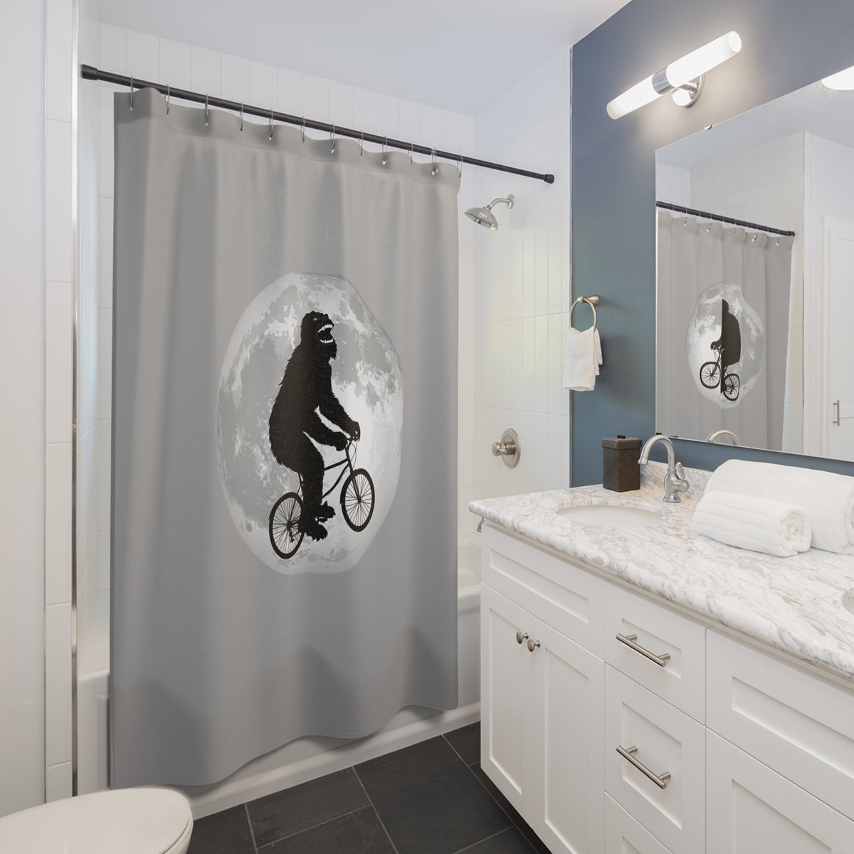 Funny Bigfoot Shower Curtain | Sasquatch Riding Bike Moon | Modern Minimal Bathroom Decor
