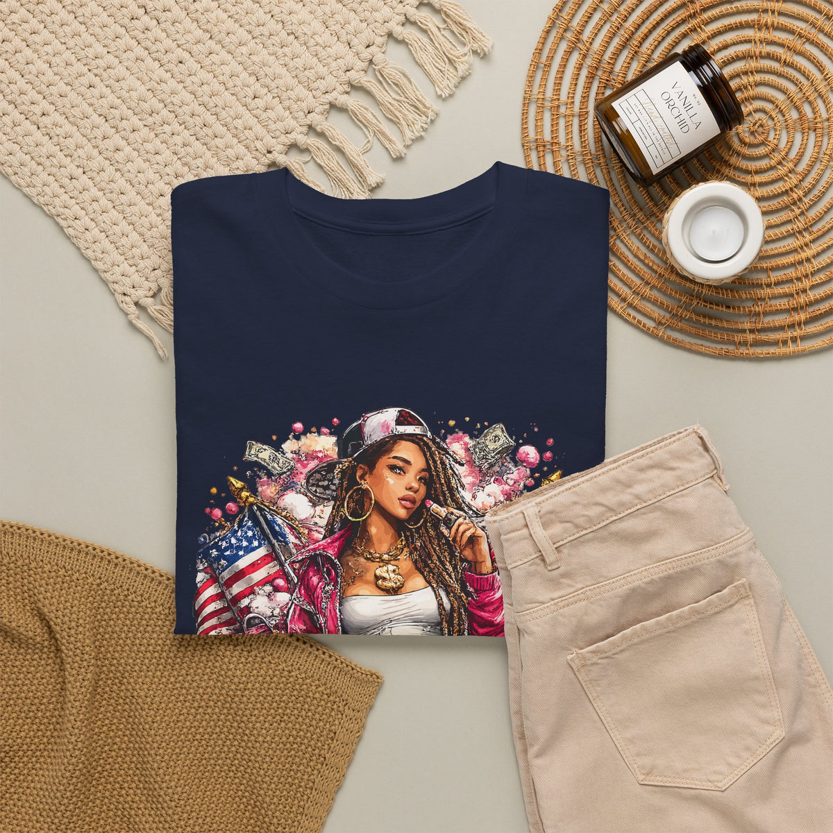 Streetwear Queen T-Shirt – Chicana Tattoo & American Flag Graphic Tee
