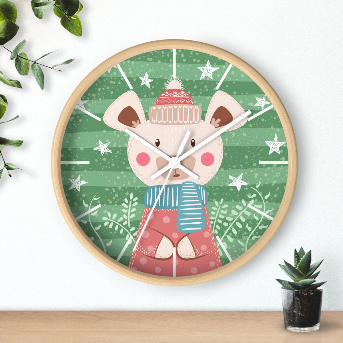 Cute Winter Bear Wall Clock | Holiday Nursery Clock, Green Snowflake Design