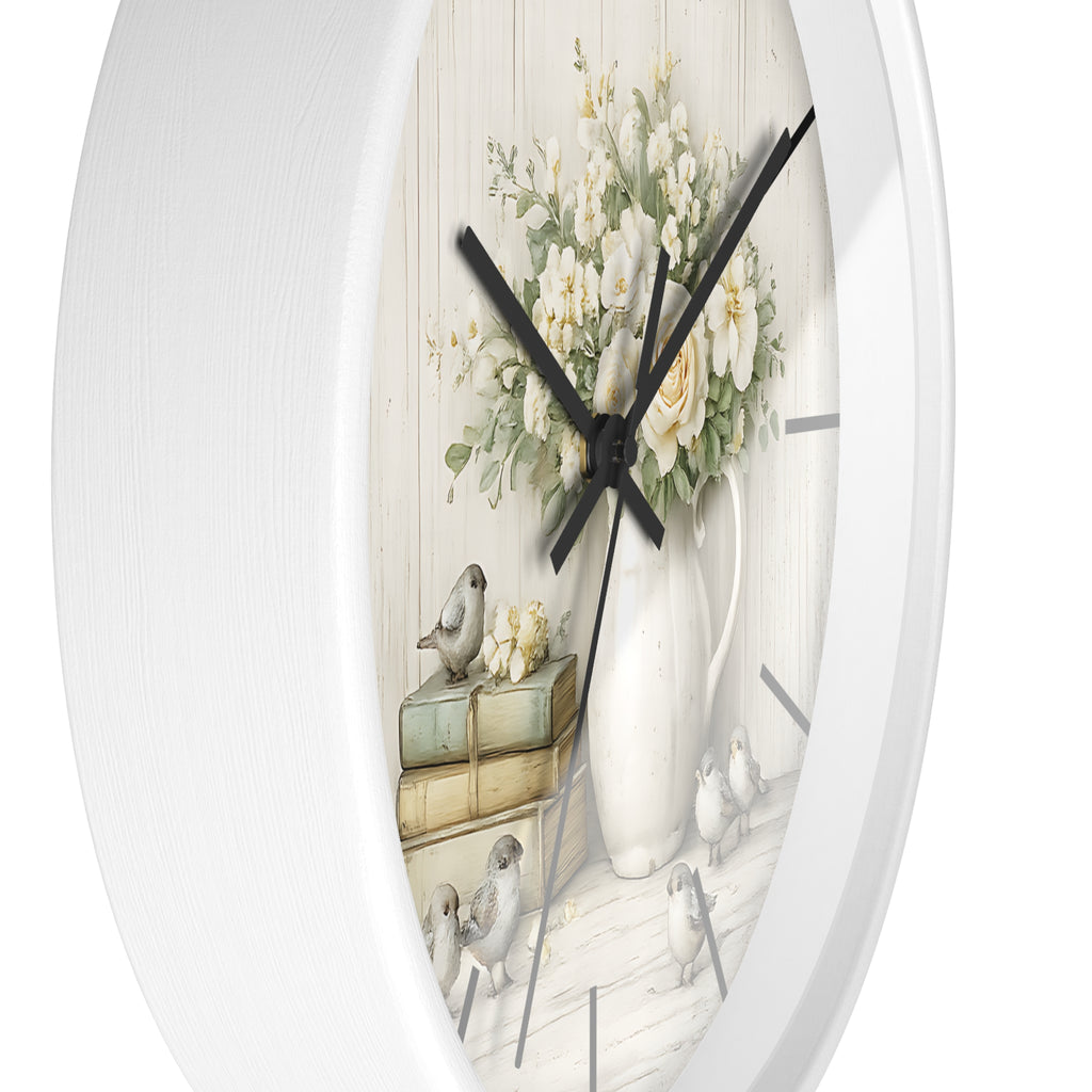 Vintage Floral Pitcher with Birds Wall Clock | Rustic Cottage Shabby Chic