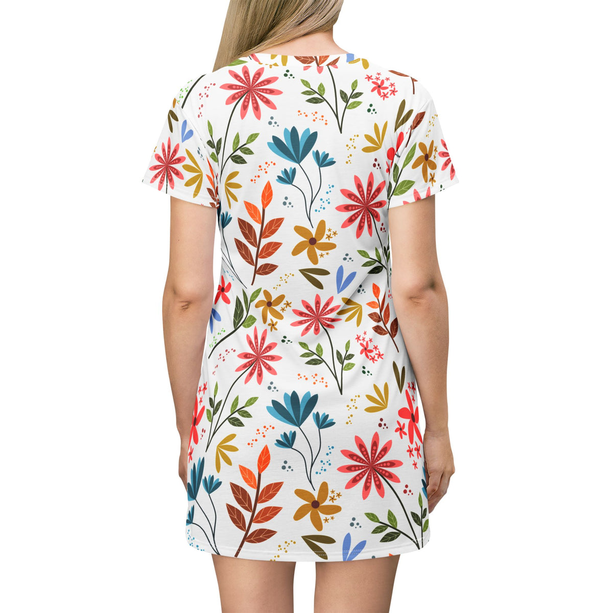 Floral Print Tee Dress  Colorful Spring Bloom All Over Pattern