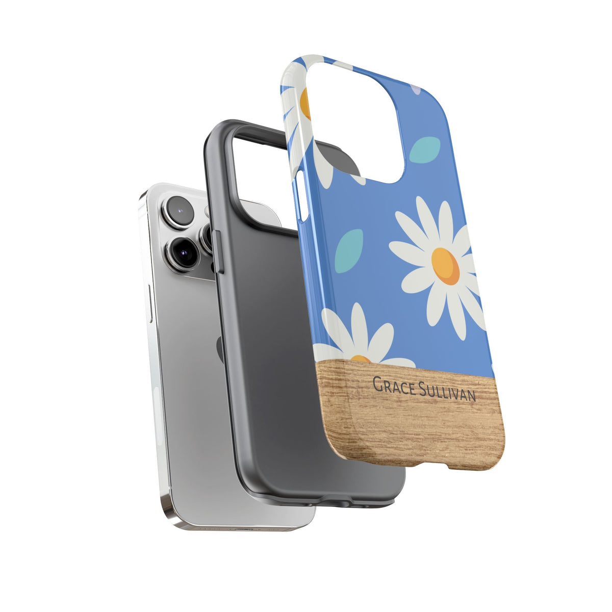 Personalized Daisy Phone Case with Name – Blue Floral Wood Accent Tough Case