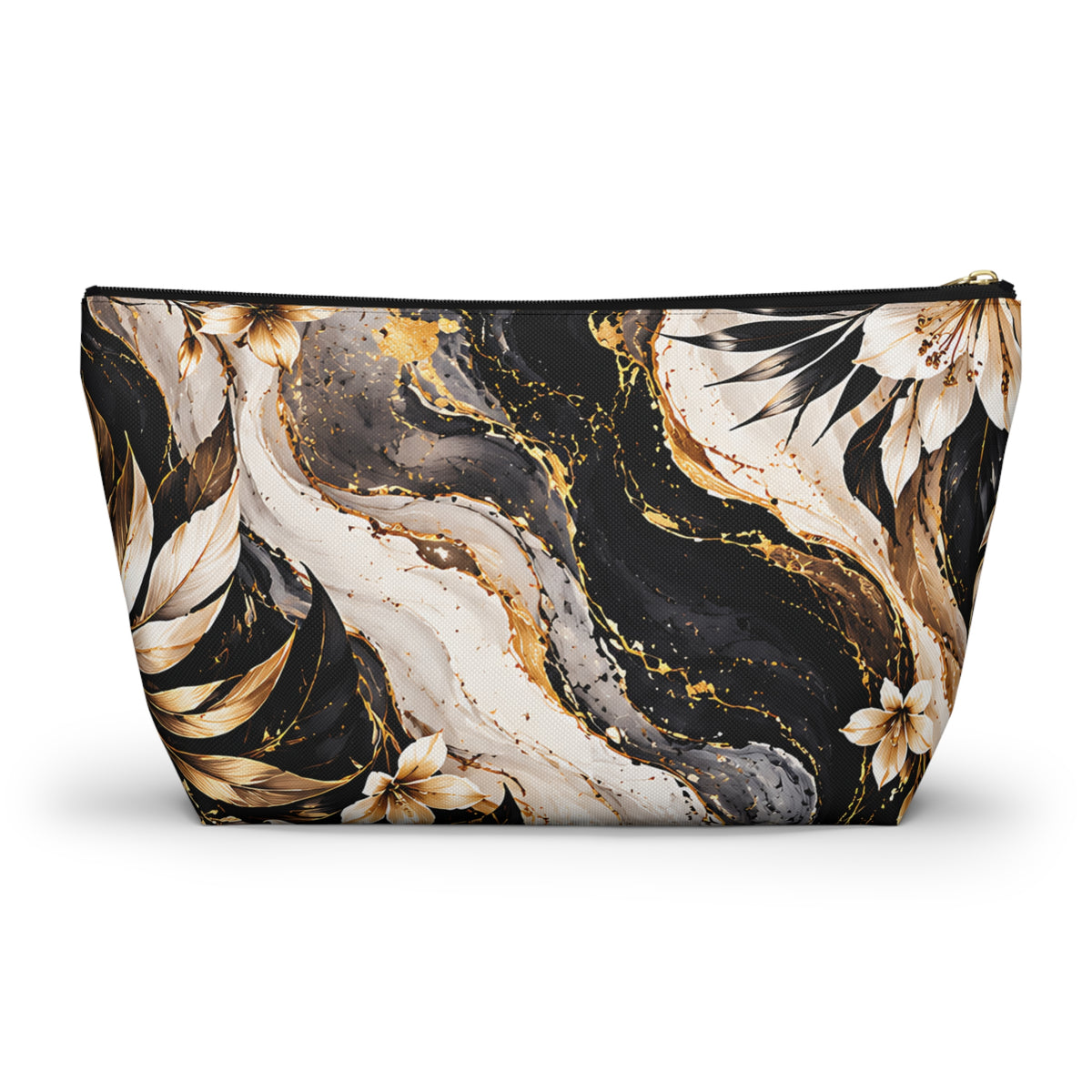 Black & Gold Floral Pouch – Luxury Marble Botanical Print