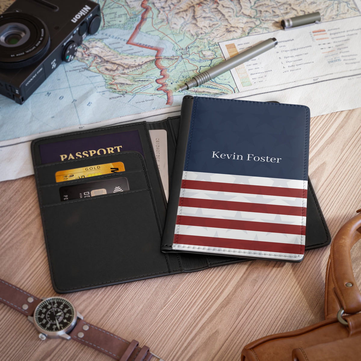 Personalized American Flag Passport Cover with Name – RFID Blocking Travel Passport Holder