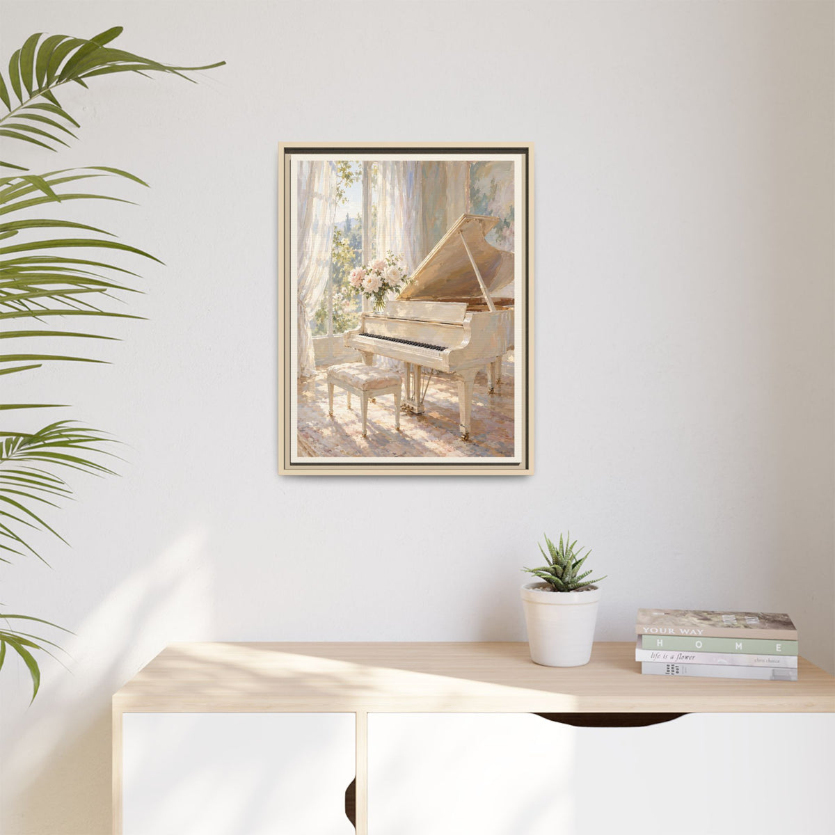 White Grand Piano Framed Canvas – Elegant Music Room Wall Art