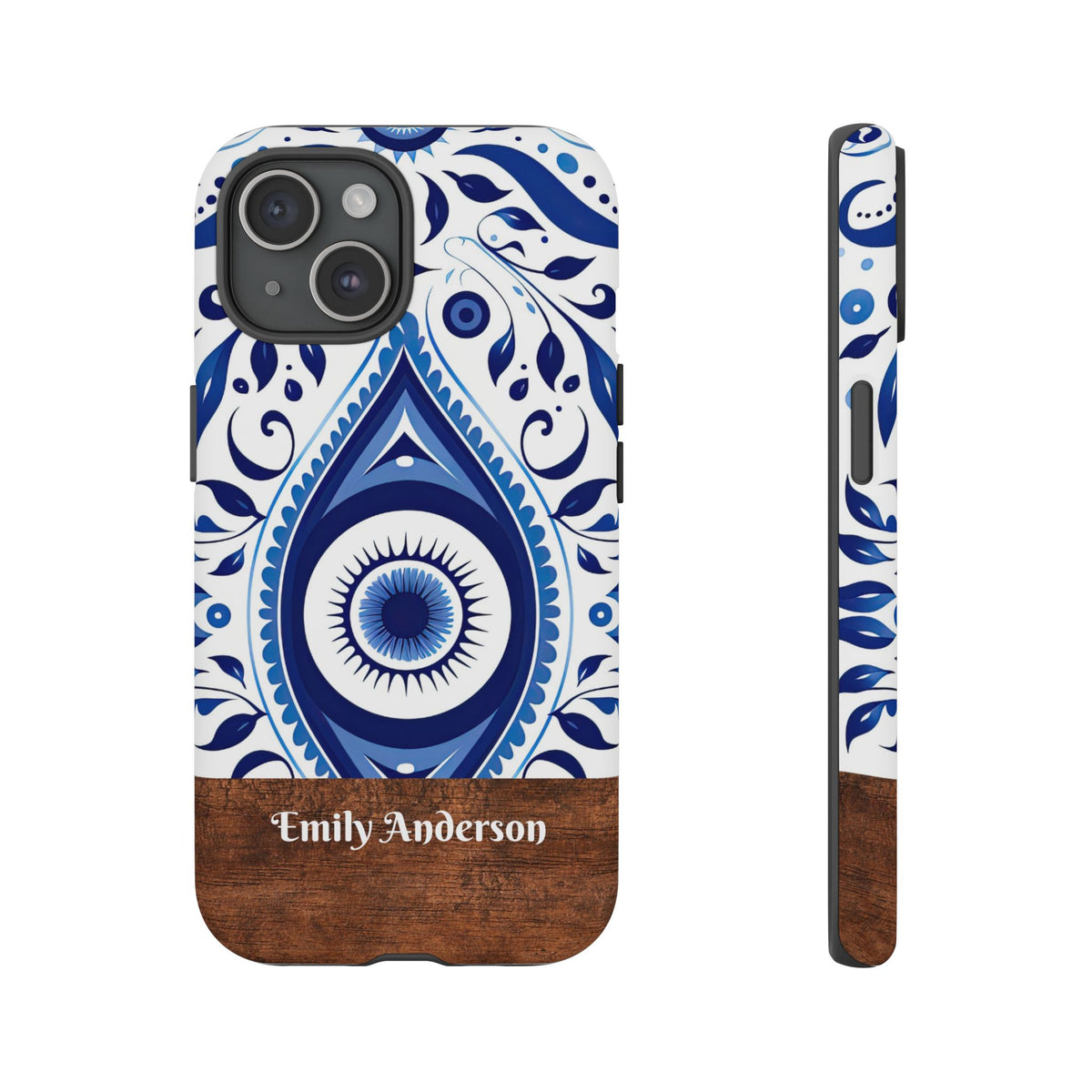 Personalized Blue Tile Phone Case with Name – Mediterranean Floral Design