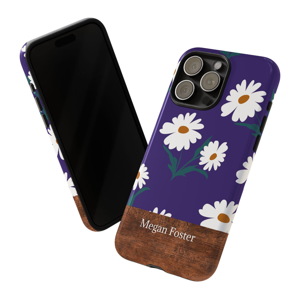 Personalized Daisy Phone Case with Name – Purple Floral Wood Accent Tough Case