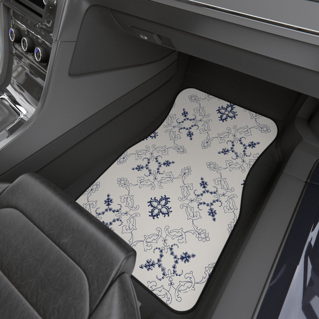 Blue & White Ornamental Car Floor Mats – 4-Piece Set