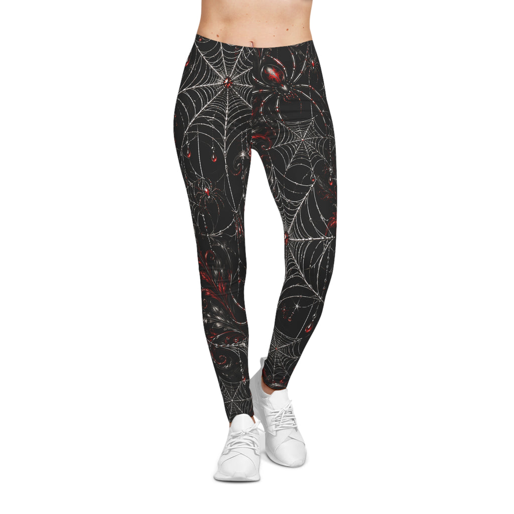 Gothic Spiderweb Leggings – Black & Red Spider Print