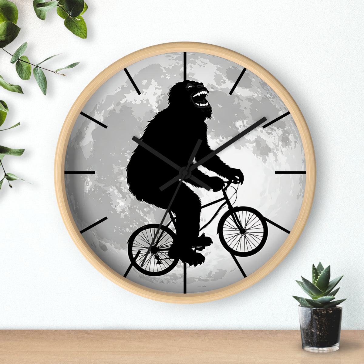 Bigfoot Riding Bike Wall Clock | Moon Silhouette, Funny Cryptid Decor