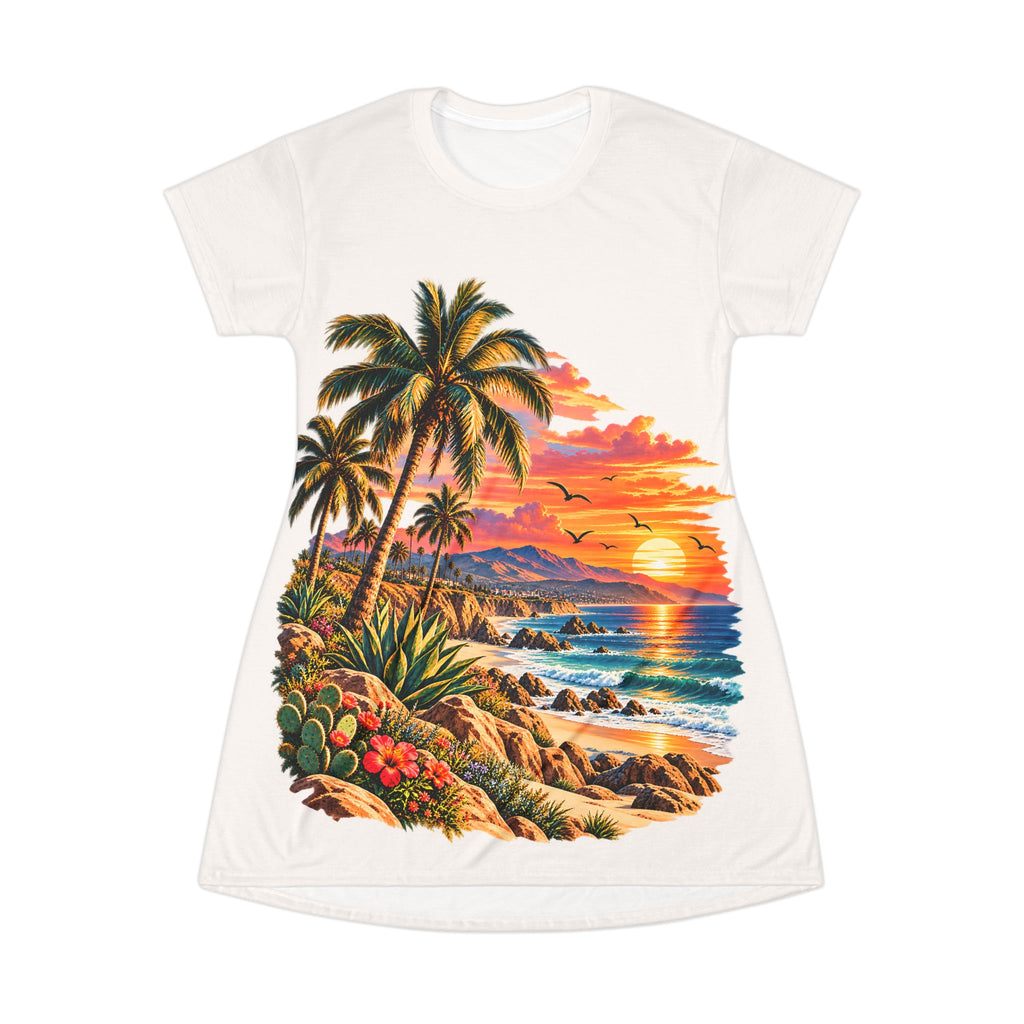 Tropical Sunset T-Shirt Dress – Palm Tree Coastal Print