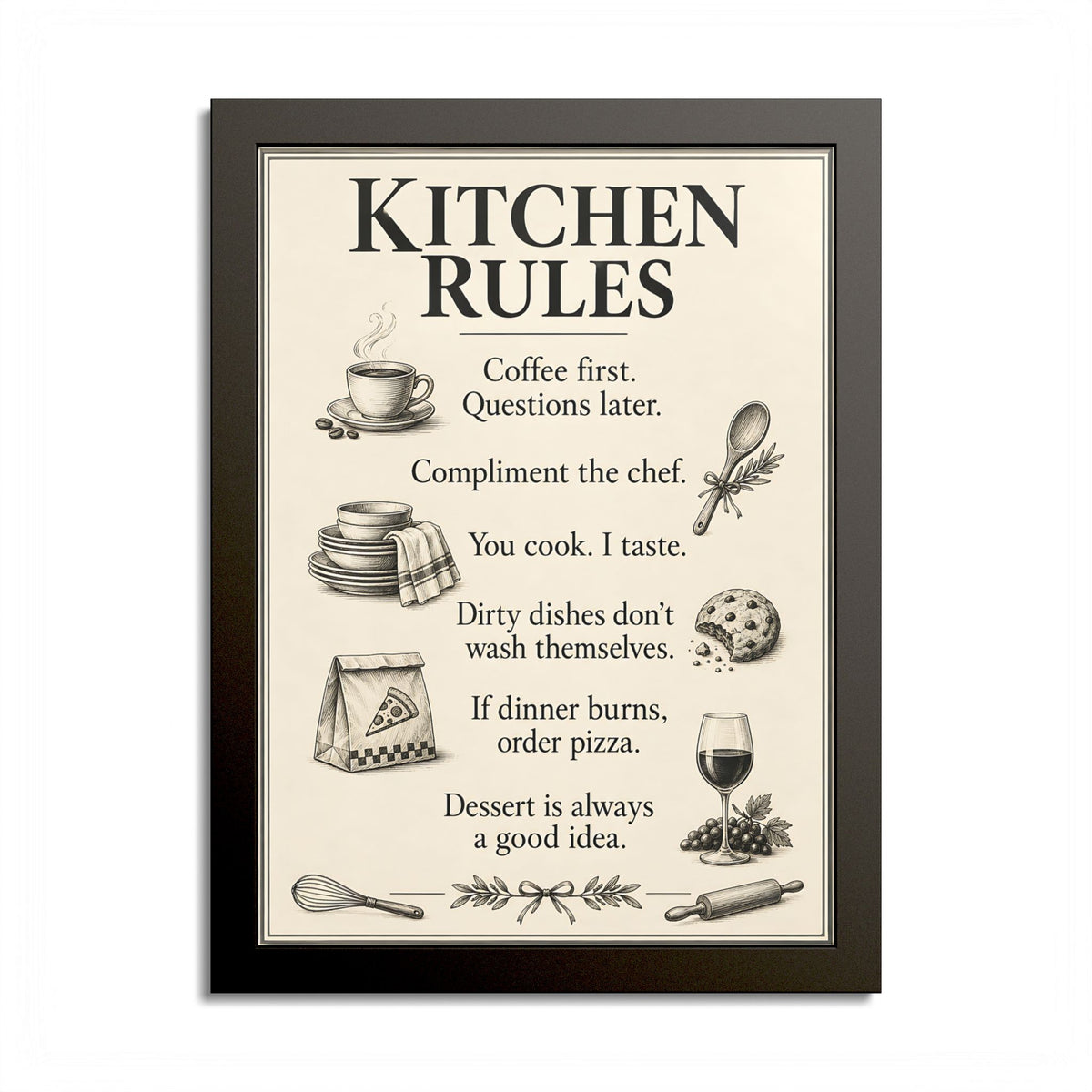 Kitchen Rules Vintage Framed Poster – Black & White Kitchen Wall Art