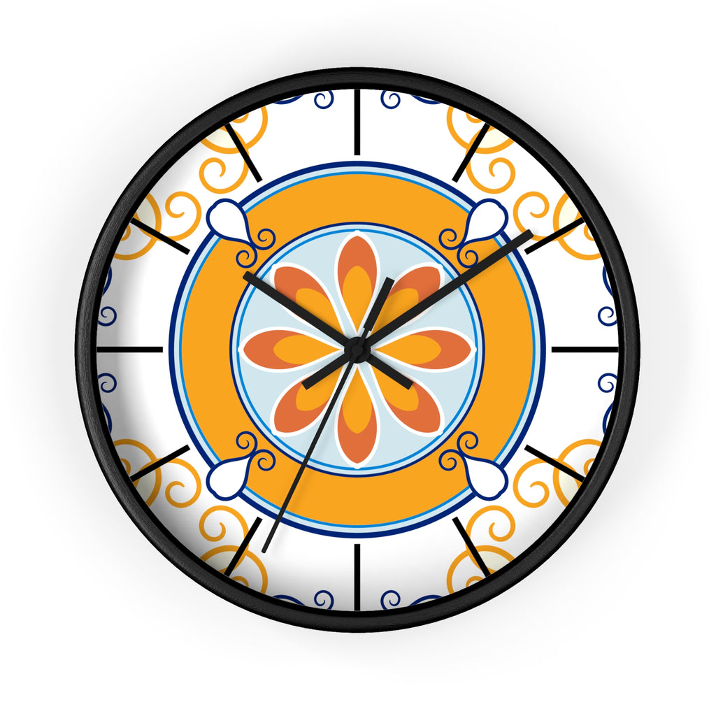 Mediterranean Tile Mandala Wall Clock | Orange Blue Floral Pattern