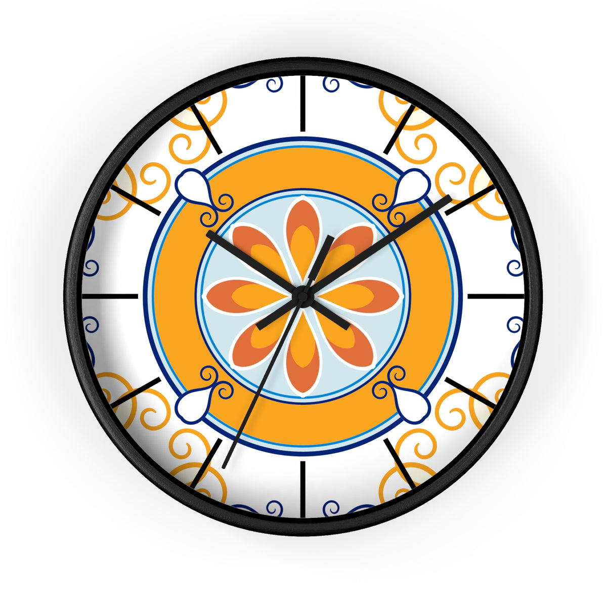 Mediterranean Tile Mandala Wall Clock | Orange Blue Floral Pattern