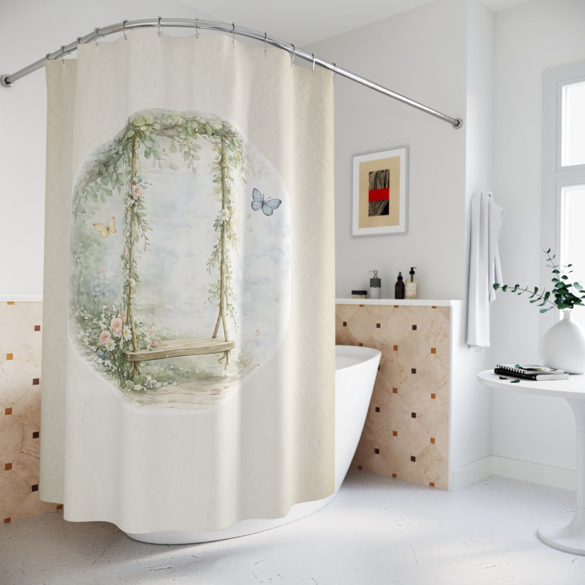 Vintage Floral Shower Curtain | Cottagecore Bathroom Decor | Romantic Garden Swing Bath Curtain