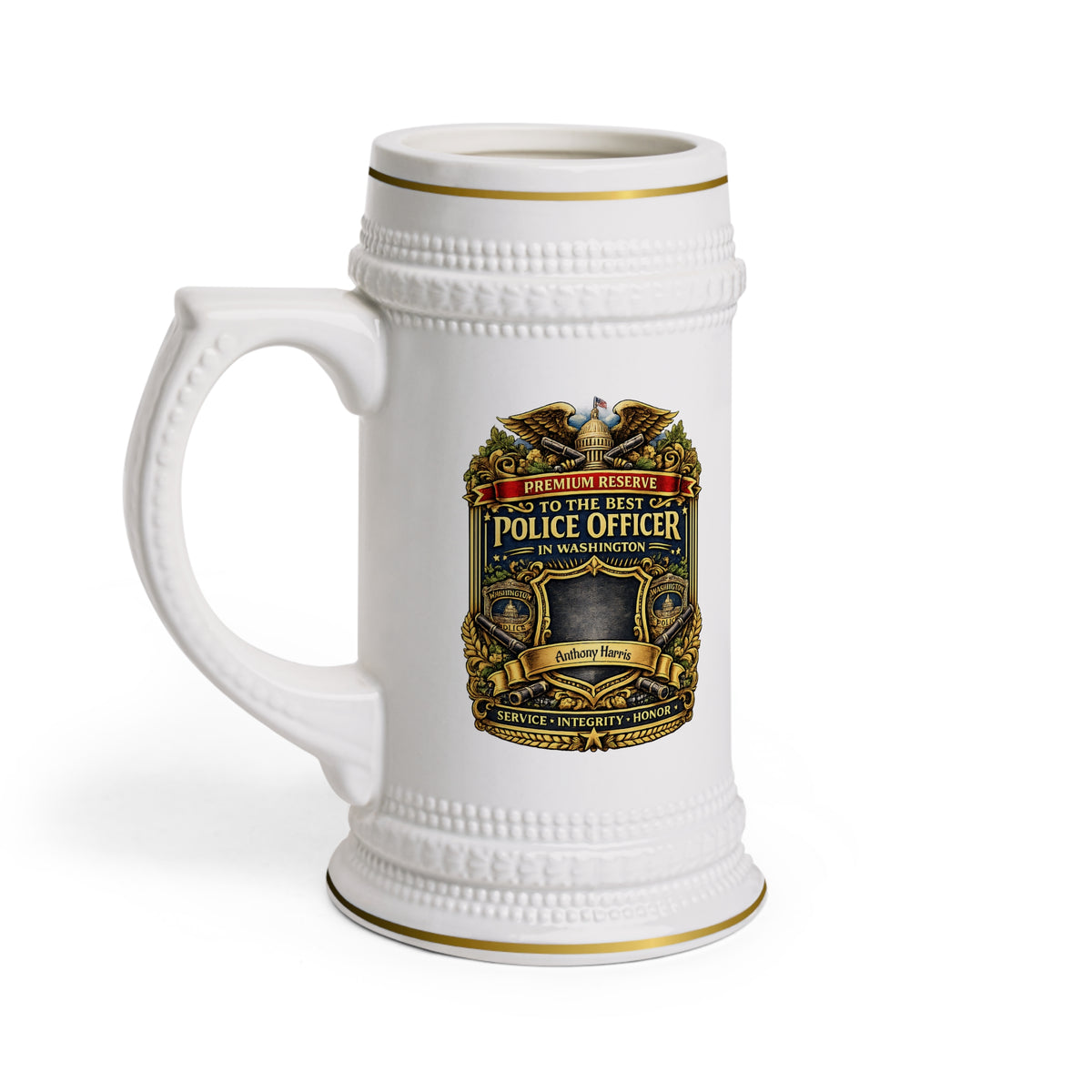 Personalized Washington Police Officer Beer Stein 22oz - Custom Name Cop Mug, Law Enforcement Gift for Him