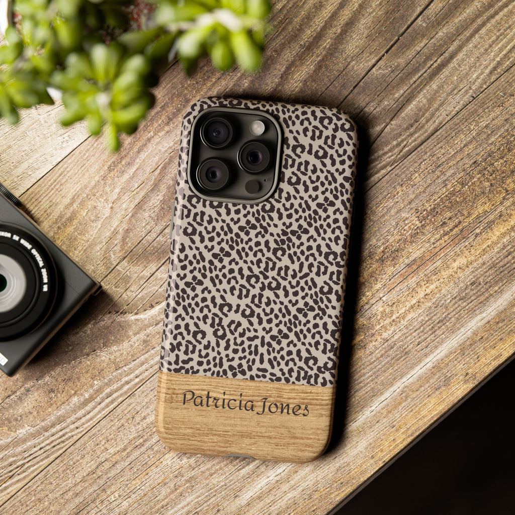 Personalized Leopard Print Phone Case with Name – Wood Accent Tough Case