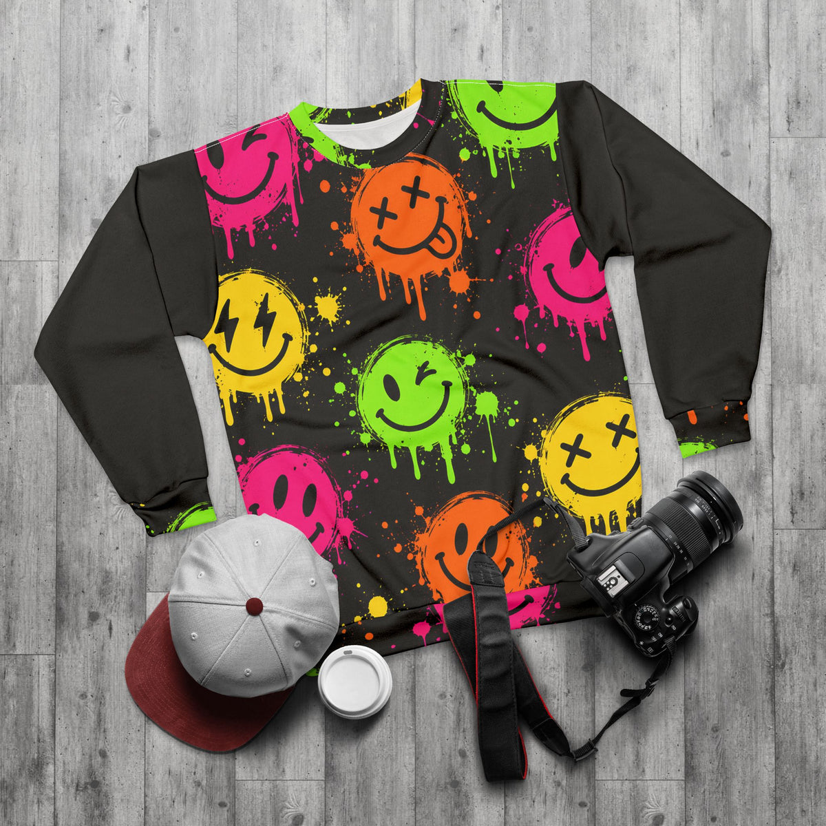 Neon Graffiti Smiley Unisex Sweatshirt – Streetwear Print