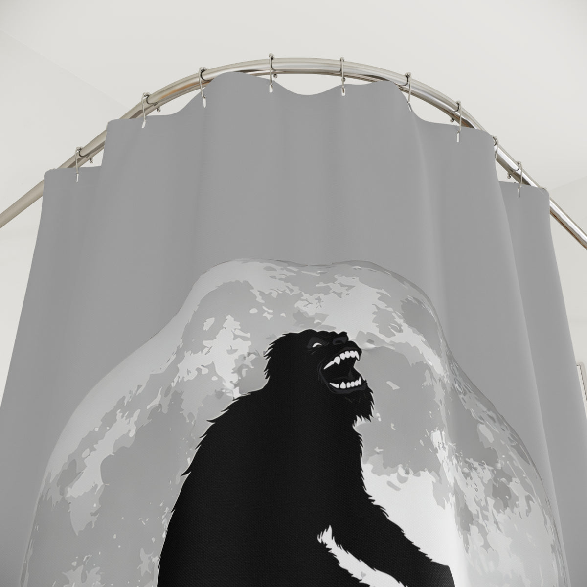 Funny Bigfoot Shower Curtain | Sasquatch Riding Bike Moon | Modern Minimal Bathroom Decor