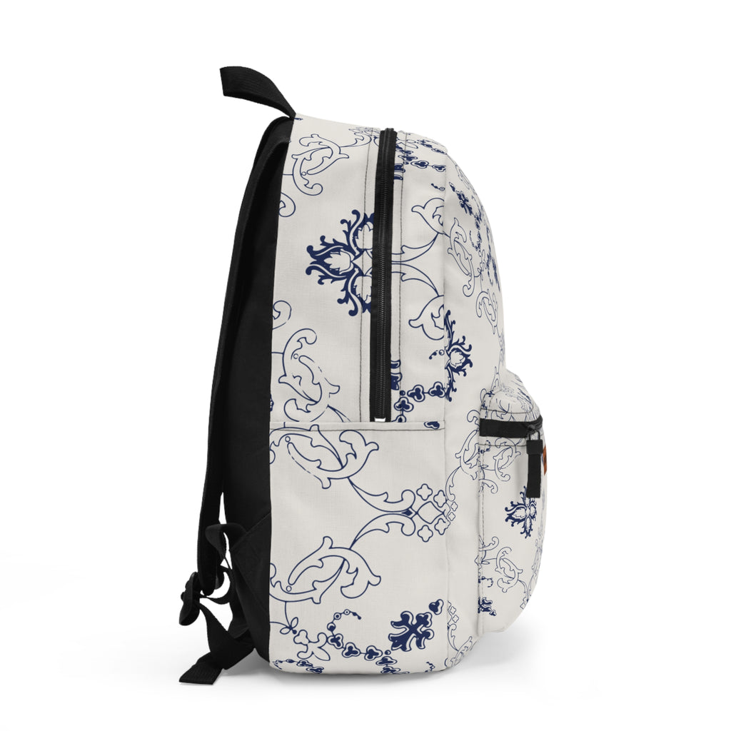 Cream & Blue Vintage Floral Backpack – Elegant Botanical Pattern