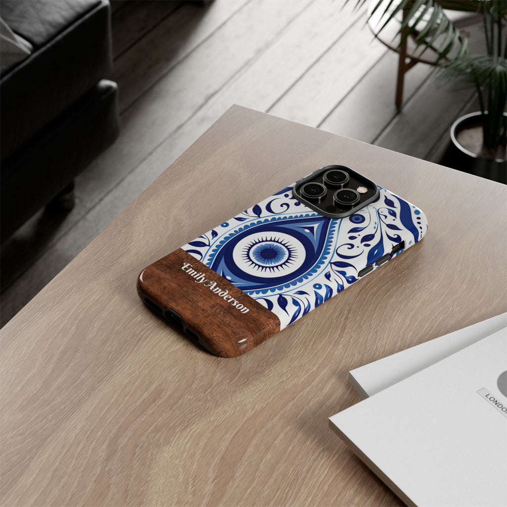 Personalized Blue Tile Phone Case with Name – Mediterranean Floral Design