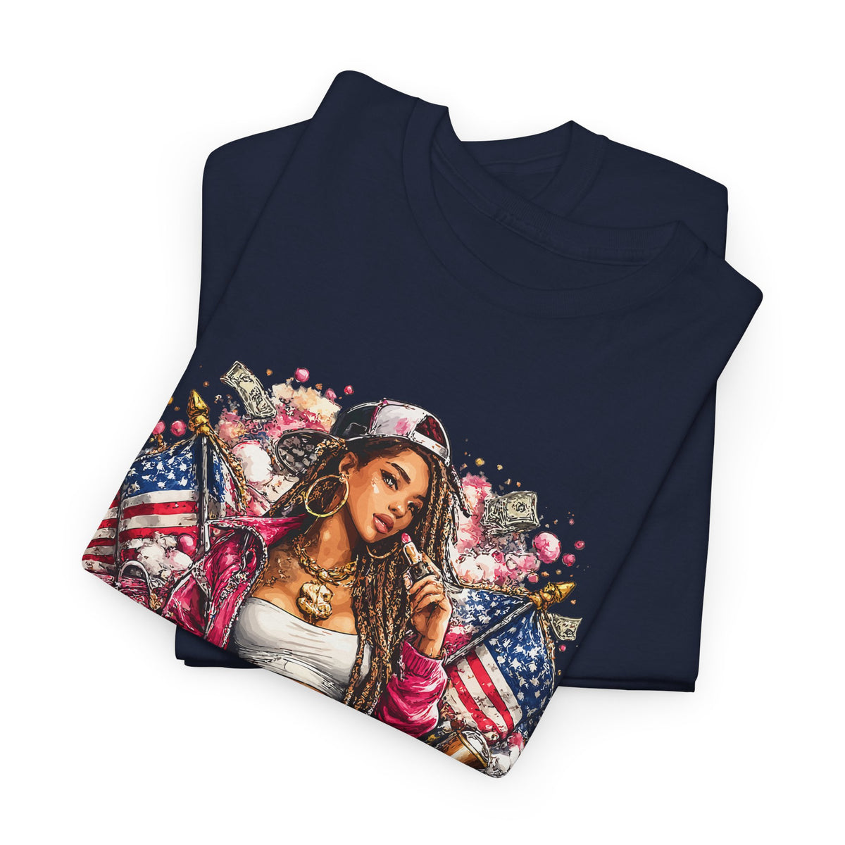Streetwear Queen T-Shirt – Chicana Tattoo & American Flag Graphic Tee