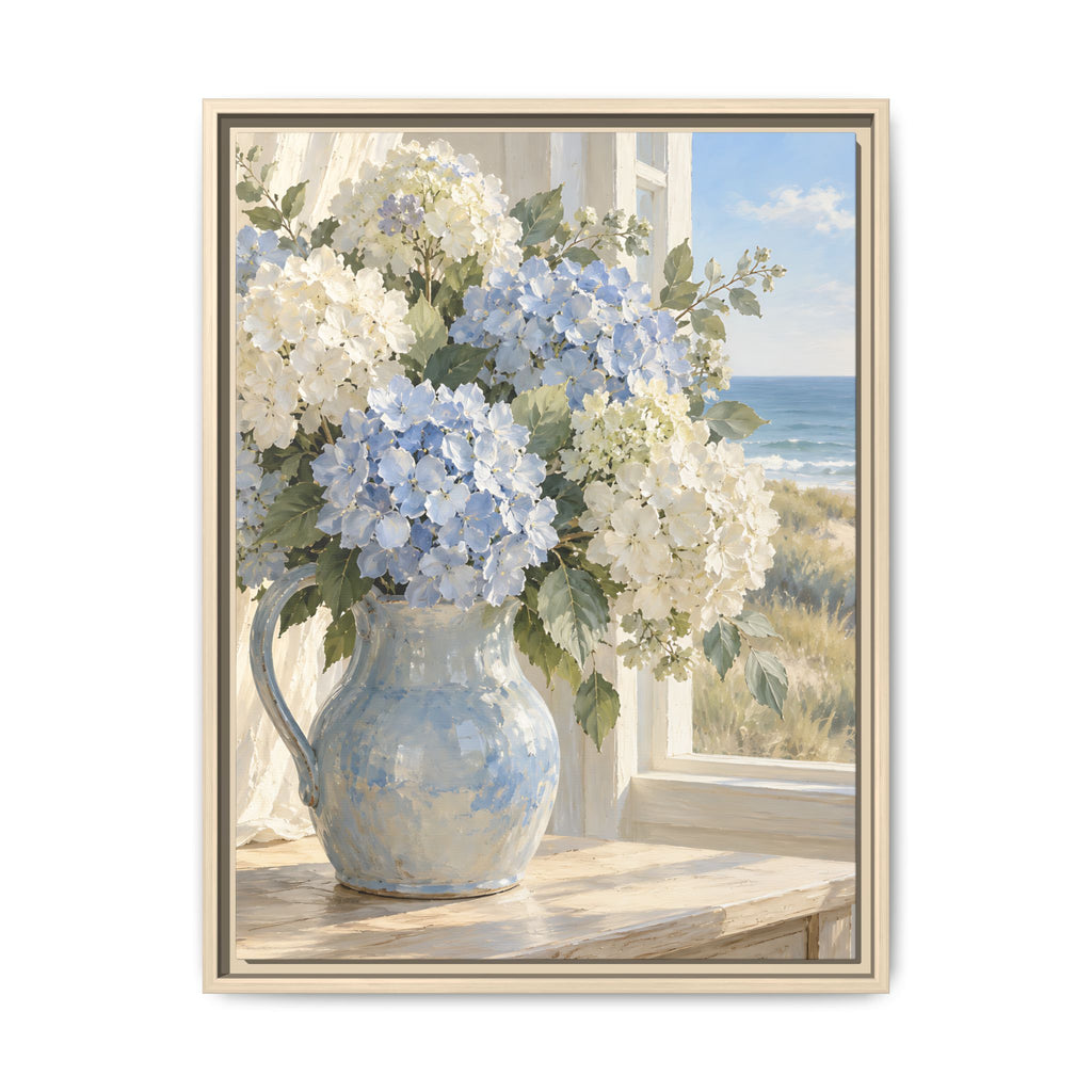 Coastal Hydrangeas Framed Canvas – Blue & White Floral Wall Art