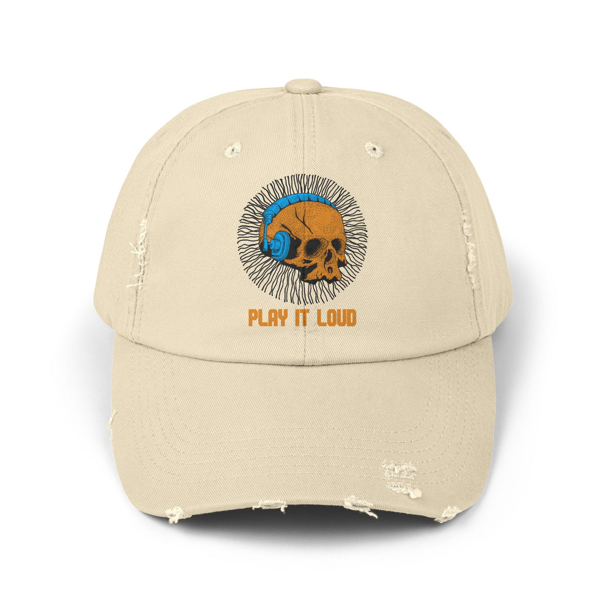Play It Loud Skull Distressed Cap – Music Lover Graphic Baseball Hat