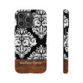 Personalized Damask Phone Case with Name – Black & White Wood Accent Tough Case