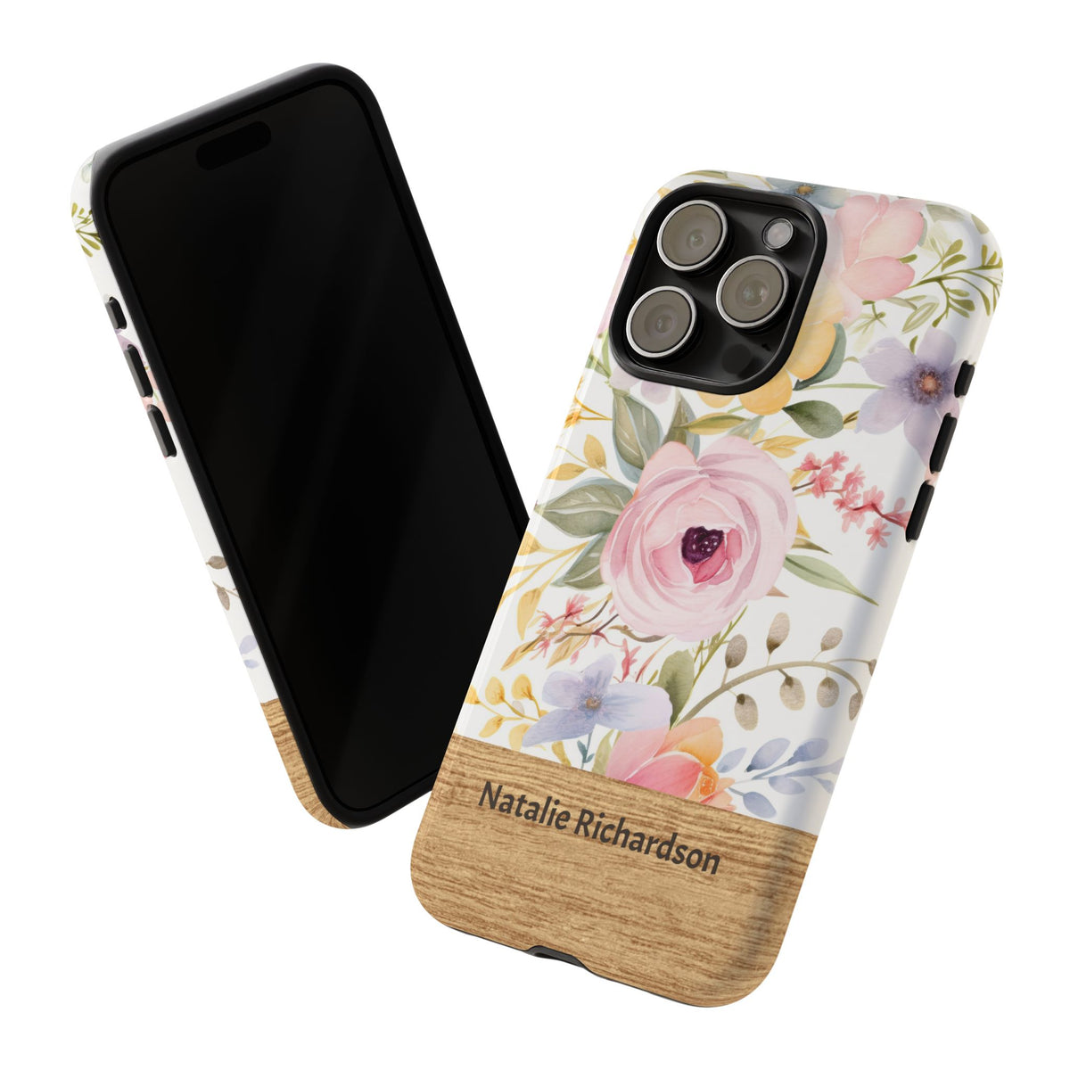 Personalized Floral Phone Case with Name – Pastel Flower Wood Accent Tough Case