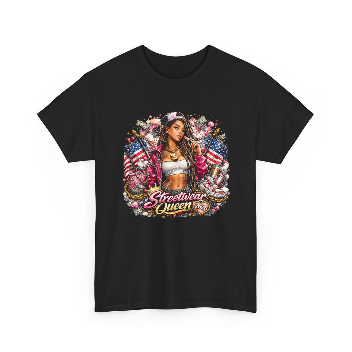 Streetwear Queen T-Shirt – Chicana Tattoo & American Flag Graphic Tee