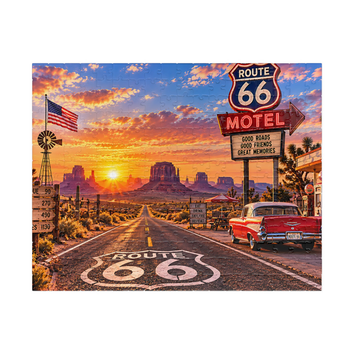 Route 66 Puzzle – Vintage American Road Trip Jigsaw Puzzle (110, 252, 520, 1014-piece)