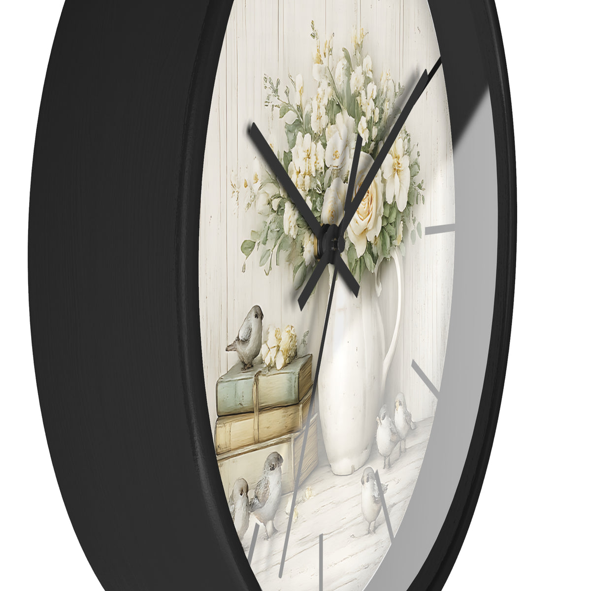 Vintage Floral Pitcher with Birds Wall Clock | Rustic Cottage Shabby Chic