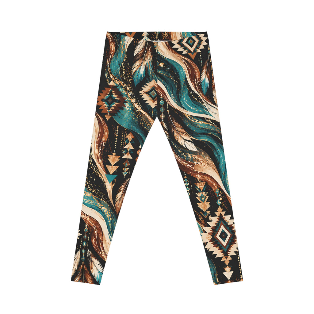 Southwestern Boho Leggings – Feather & Geometric Print