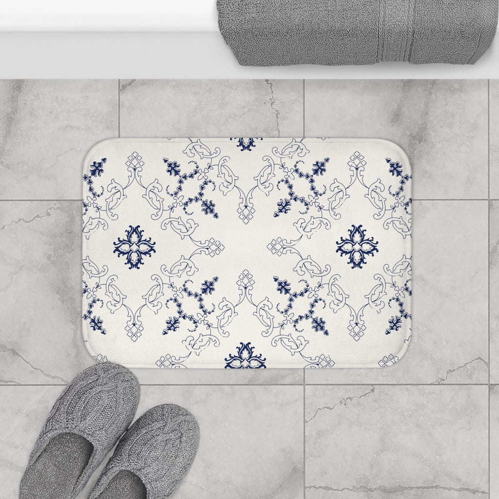 Blue Mediterranean Tile Bath Mat – Elegant Ornamental Bathroom Decor