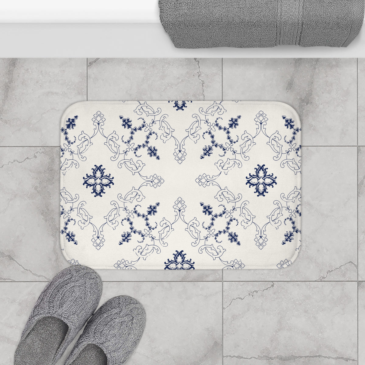 Blue Mediterranean Tile Bath Mat – Elegant Ornamental Bathroom Decor
