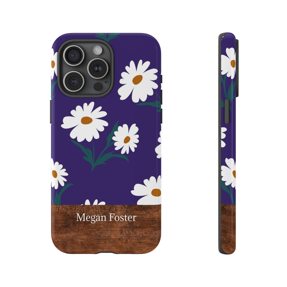 Personalized Daisy Phone Case with Name – Purple Floral Wood Accent Tough Case
