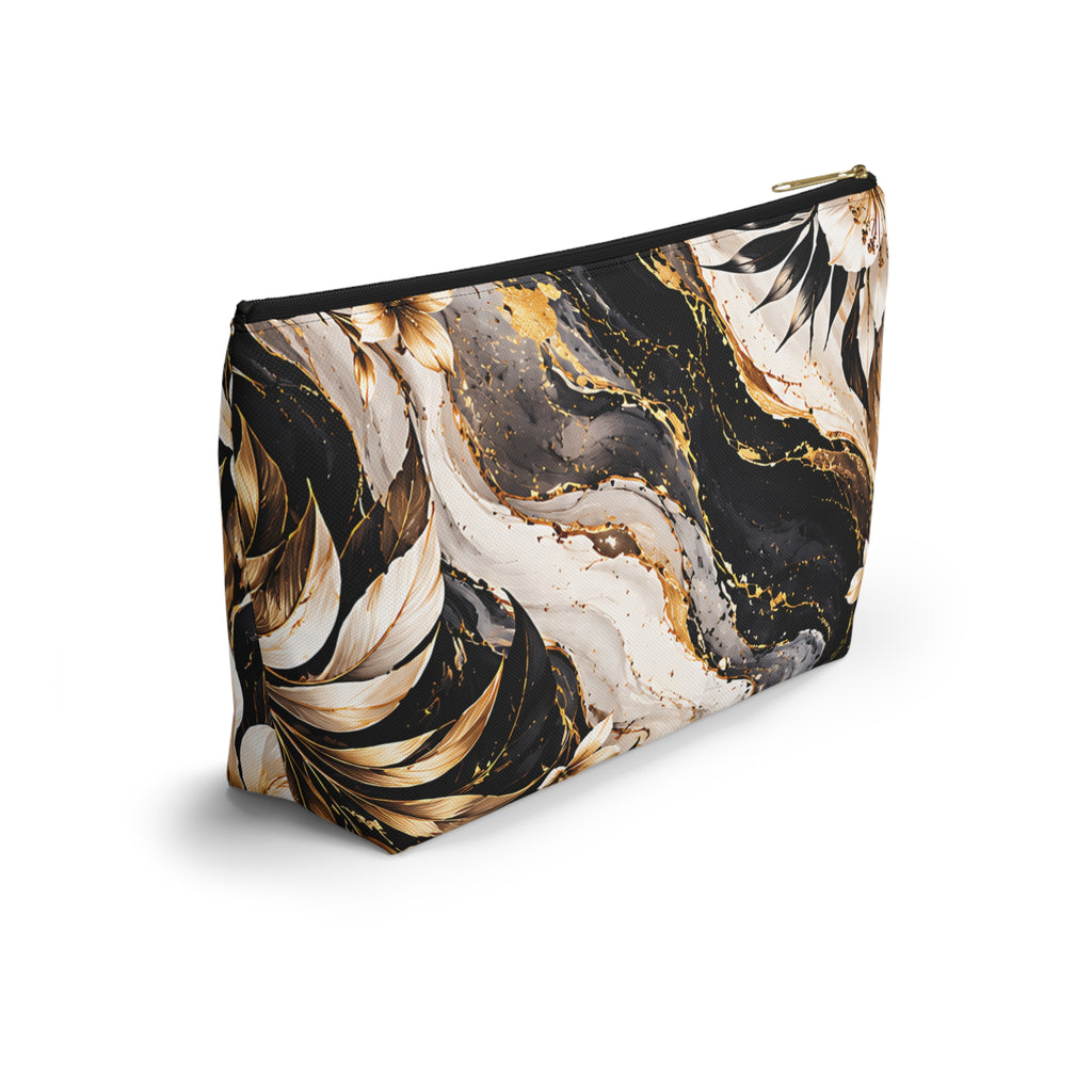 Black & Gold Floral Pouch – Luxury Marble Botanical Print
