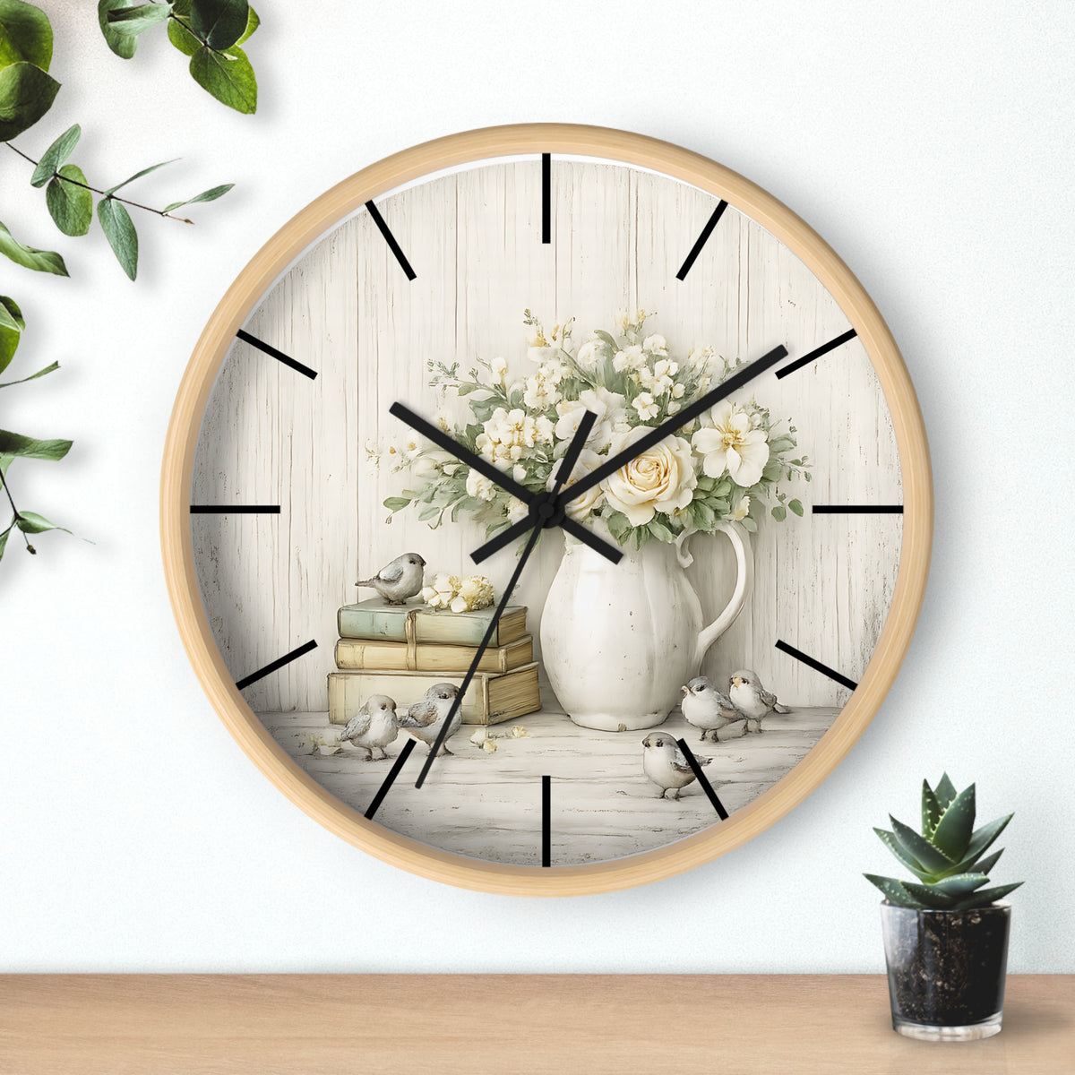 Vintage Floral Pitcher with Birds Wall Clock | Rustic Cottage Shabby Chic