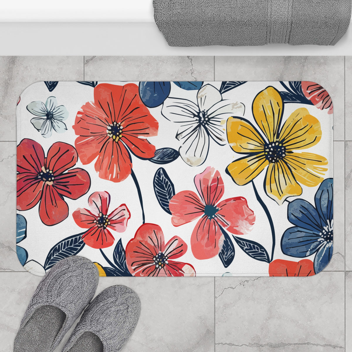 Colorful Floral Bath Mat – Modern Botanical Bathroom Decor