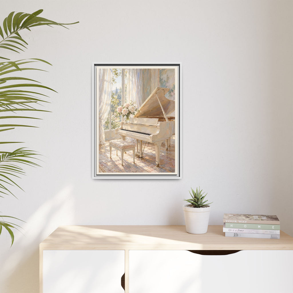 White Grand Piano Framed Canvas – Elegant Music Room Wall Art