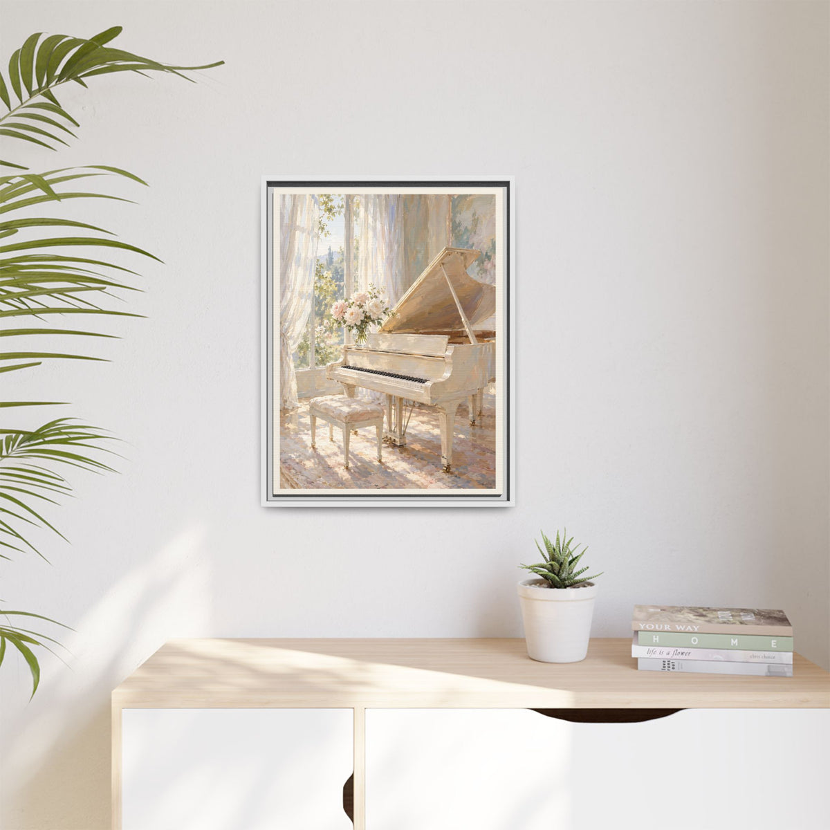White Grand Piano Framed Canvas – Elegant Music Room Wall Art