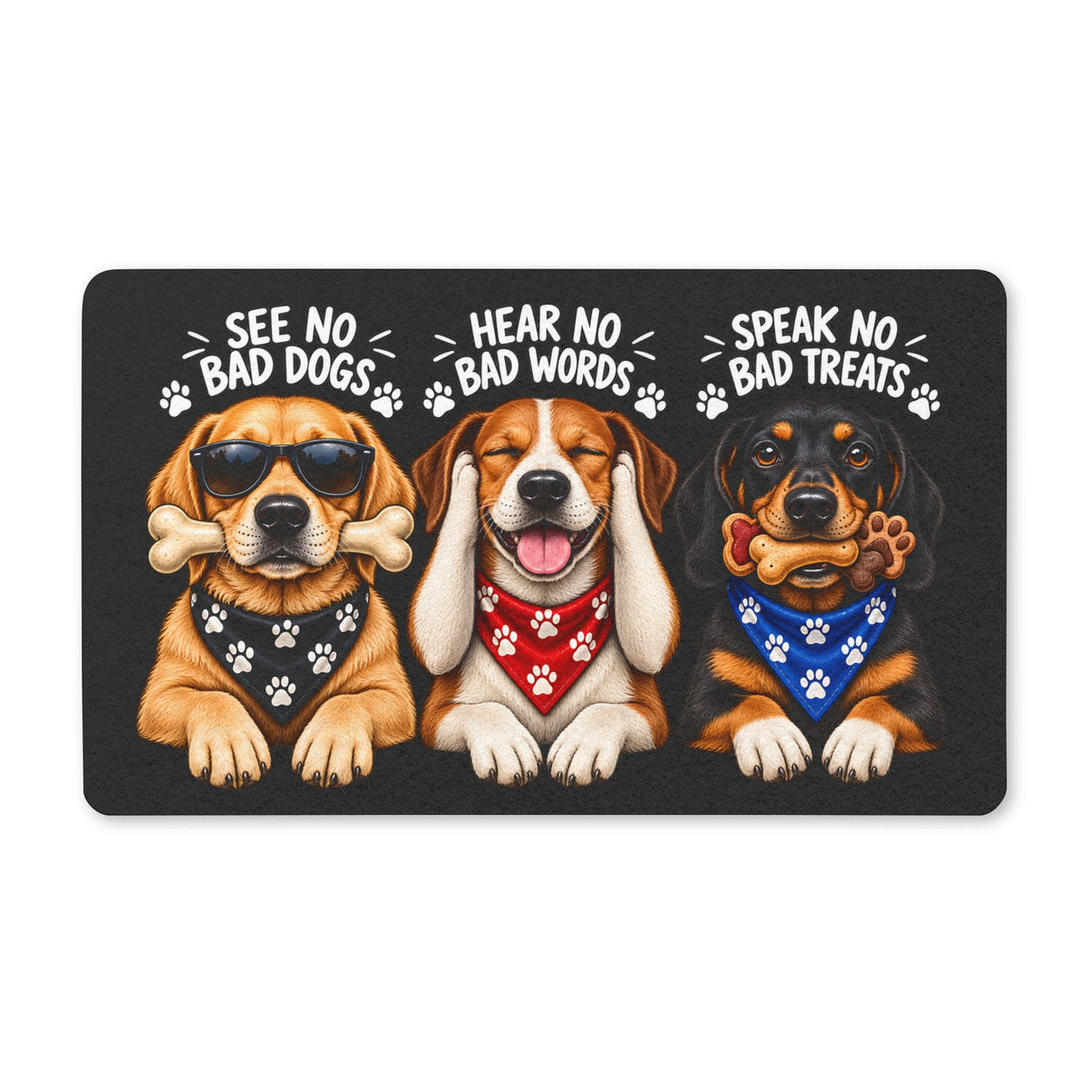 Funny Three Dogs Doormat – See No Bad Dogs, Hear No Bad Words, Speak No Bad Treats