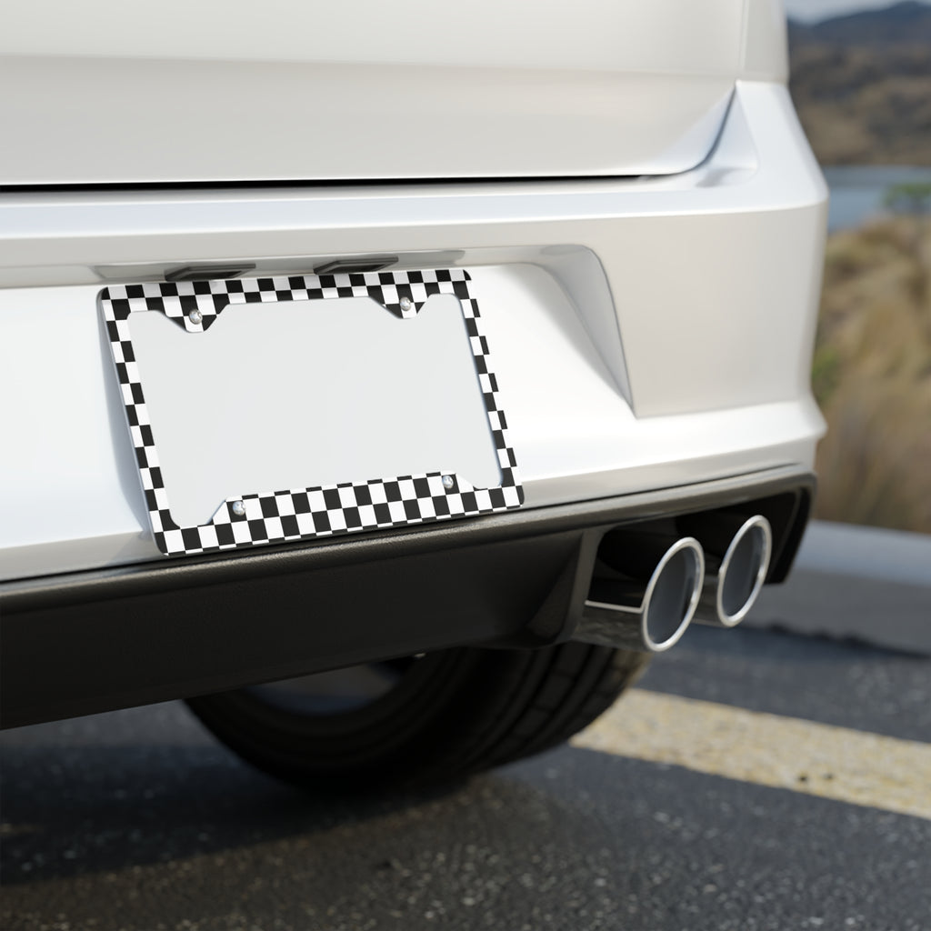 Black White Checkered License Plate Frame Metal Racing Style Car Frame