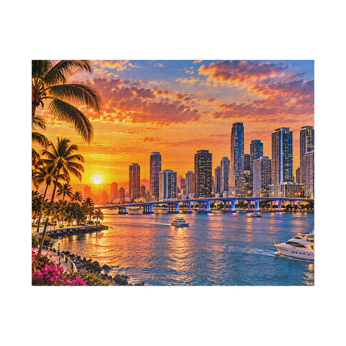 Miami Florida Puzzle – Tropical City Skyline Jigsaw Puzzle (110, 252, 520, 1014-piece)