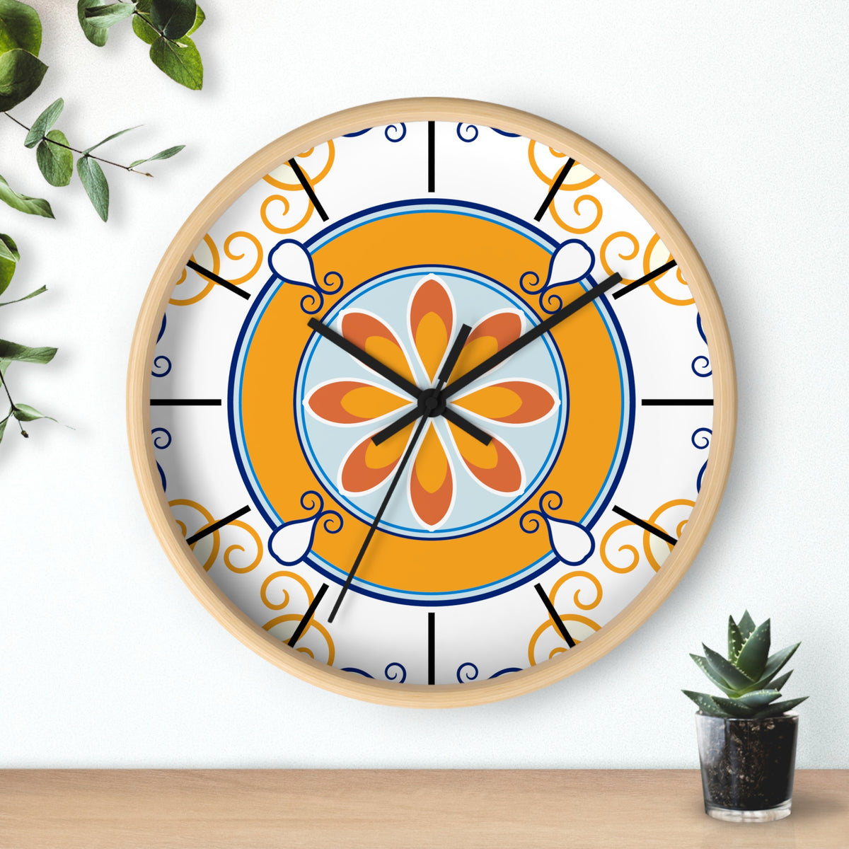 Mediterranean Tile Mandala Wall Clock | Orange Blue Floral Pattern
