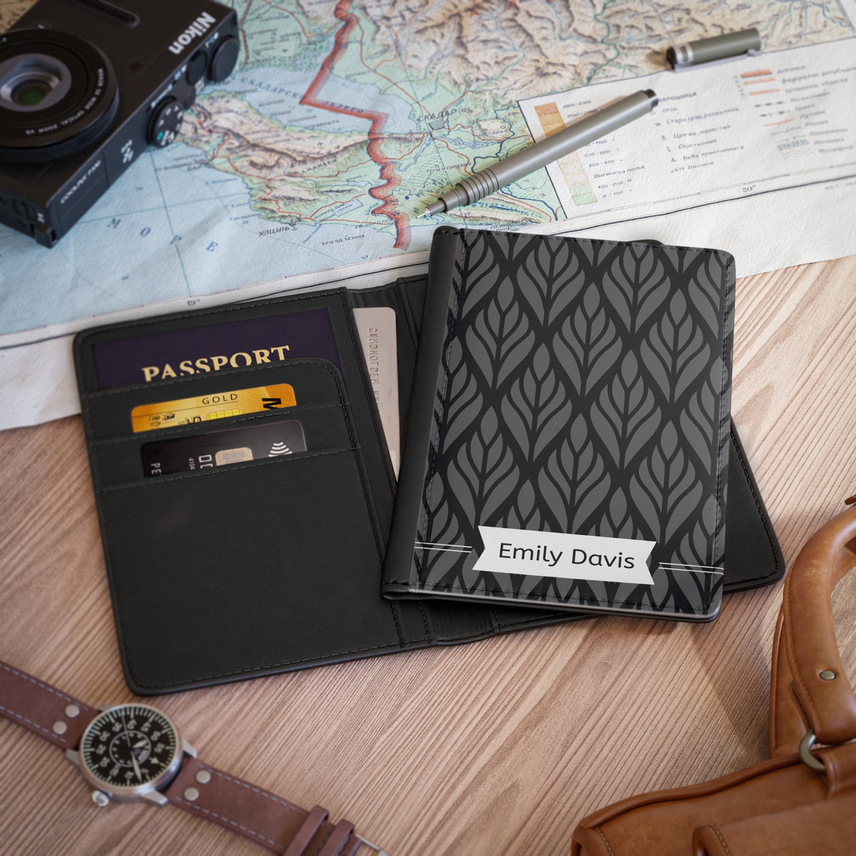 Personalized Passport Cover – Monogrammed Leaf Pattern Travel Wallet (Custom Name)