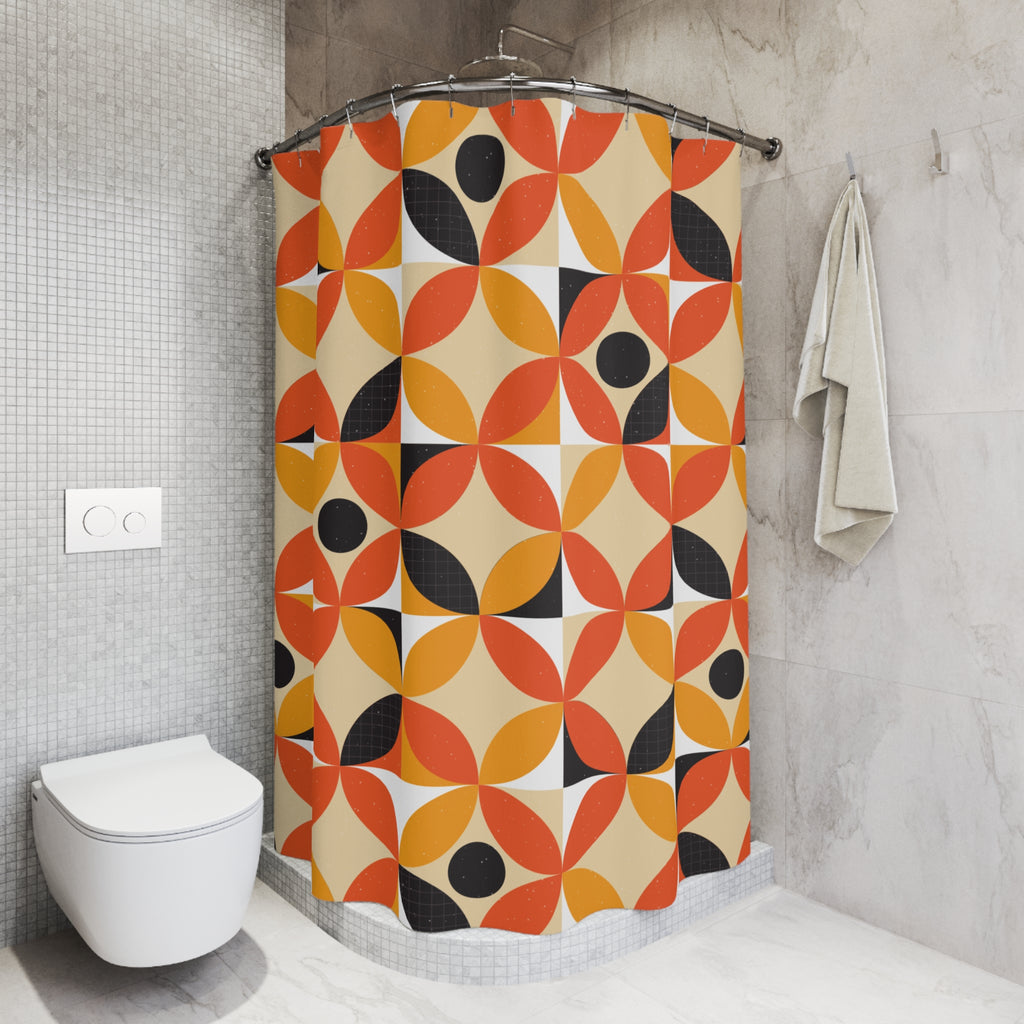 Mid Century Modern Shower Curtain | Retro Geometric Bathroom Decor | Orange Mustard 70s Pattern Bath Curtain